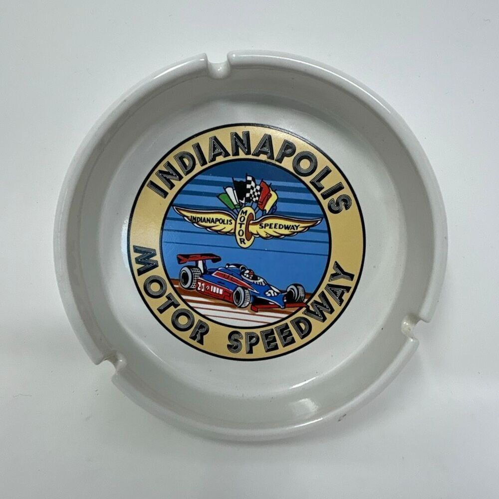 Vtg Indianapolis Motor Speedway Souvenir Ashtray White Colorful Logo Collectible